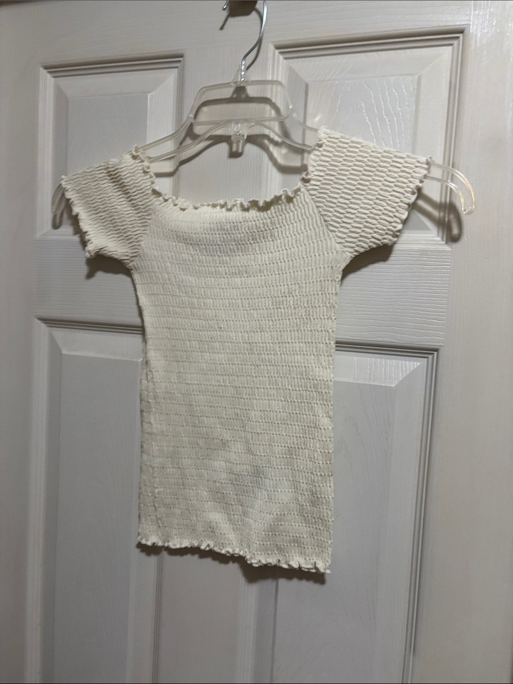 Free People White Ribbed Off-Shoulder Top with Lettuce Trim